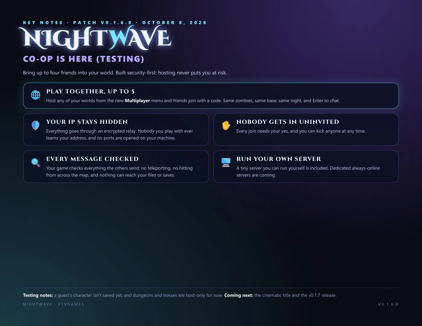 Nightwave patch notes v0.1.6.8, page 1